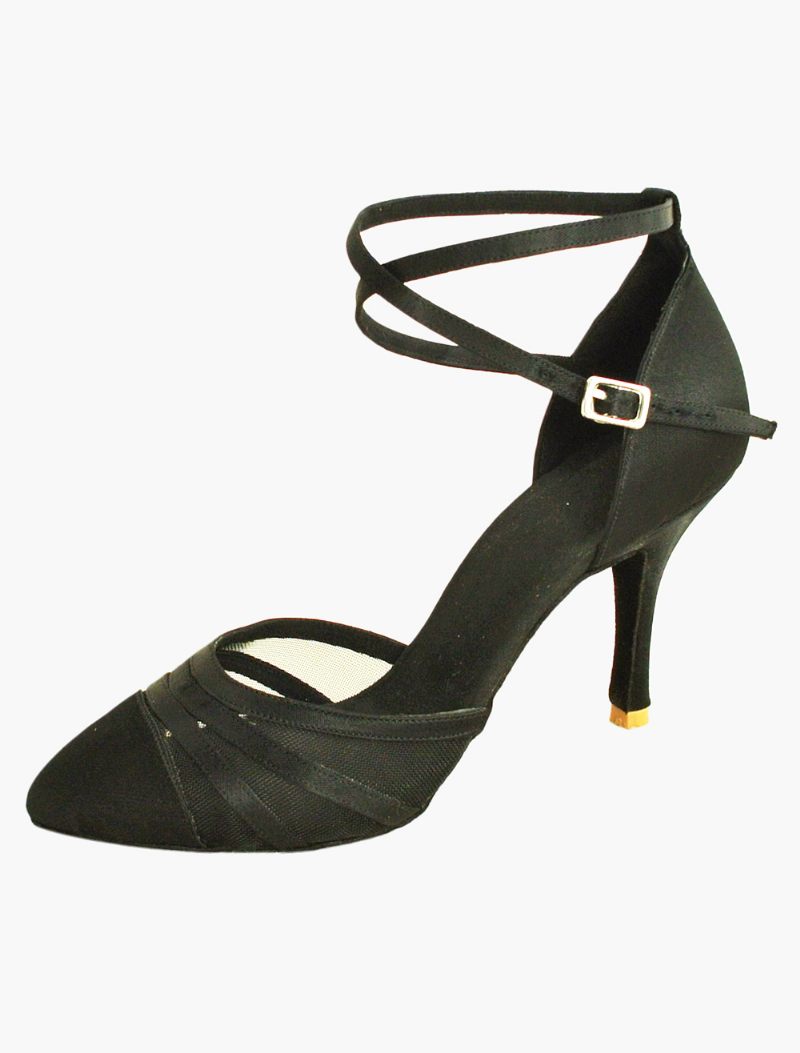 Sandales Danse Latine Avec Brides Cheville Pour Femmes Chaussures Salle Bal Satin - Noir