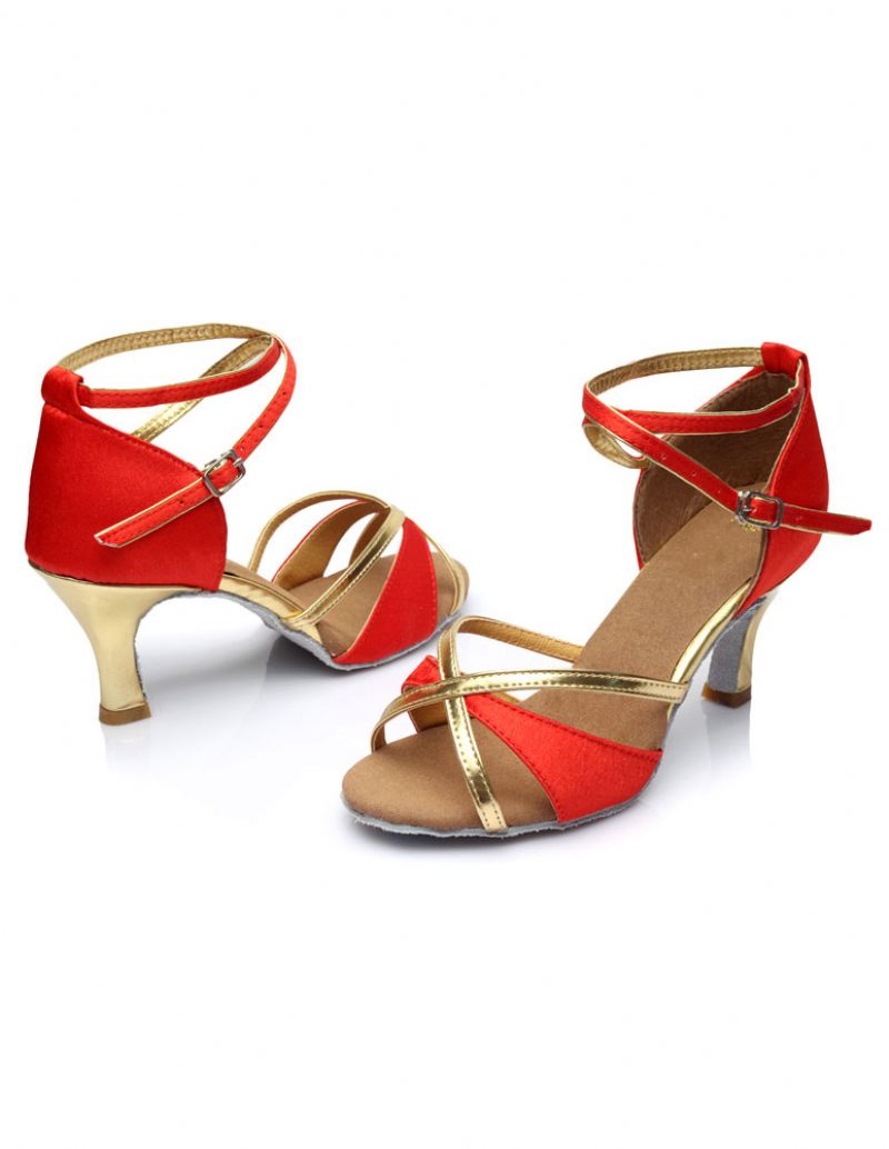 Sandales Danse Latine Multicolores Pour Femmes Brides Talons Satin - Rouge