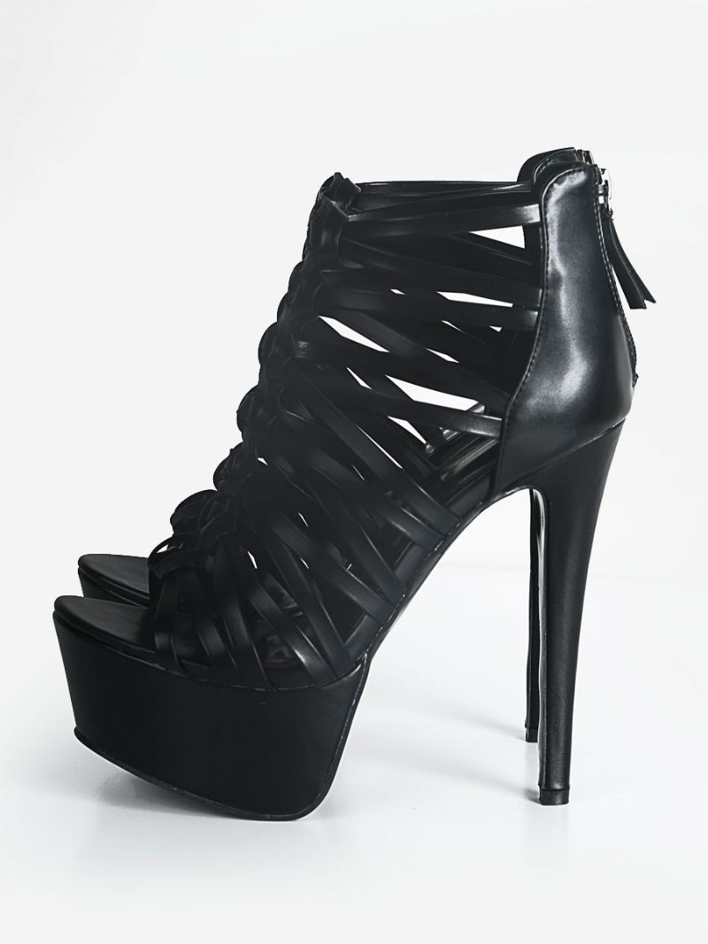 Sandales Noires À Talons Hauts Pour Femmes Lanières Et Bout Ouvert Taille Us5-13 - Noir