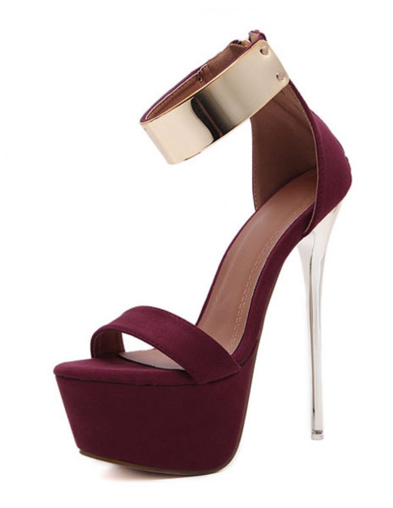 Sandales Sexy Bordeaux Pour Femmes Chaussures À Talons Hauts Plateforme Détails Métal Lanière La Cheville 2024