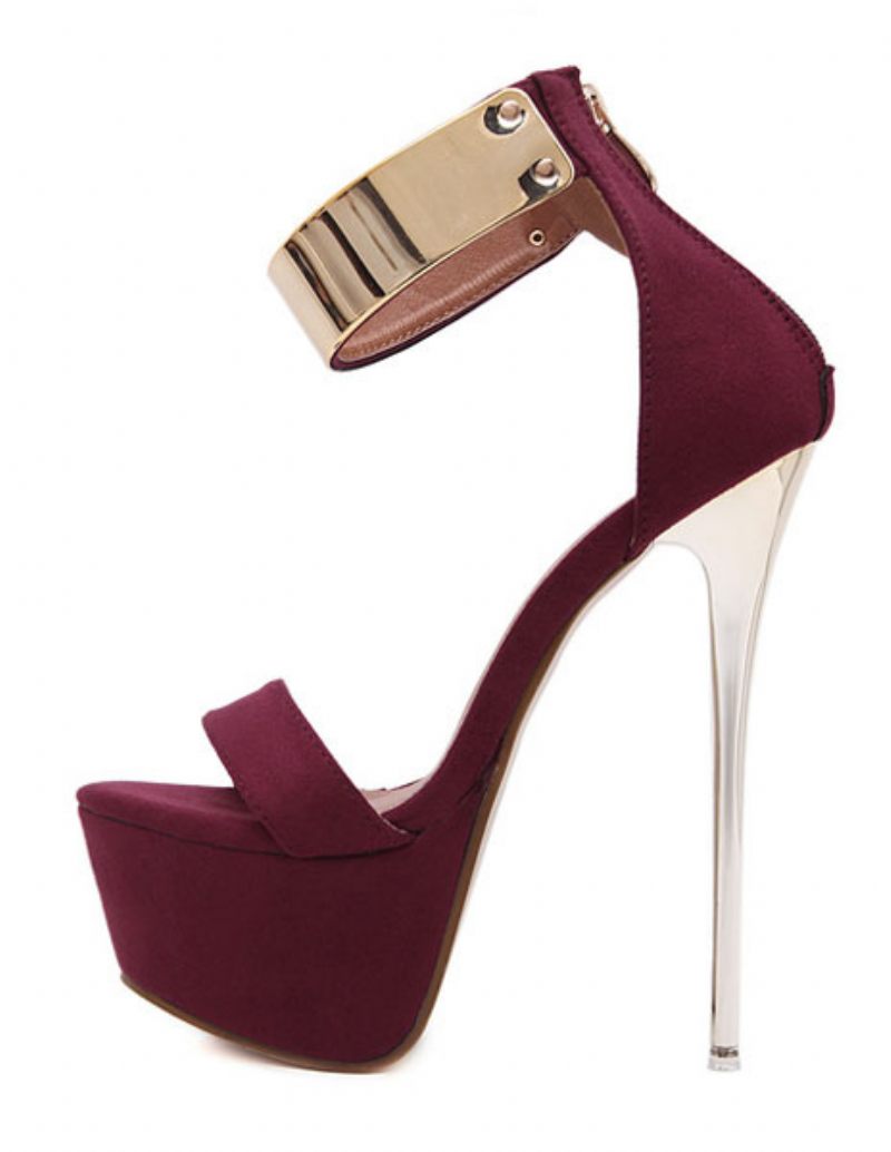 Sandales Sexy Bordeaux Pour Femmes Chaussures À Talons Hauts Plateforme Détails Métal Lanière La Cheville 2024 - Bourgogne