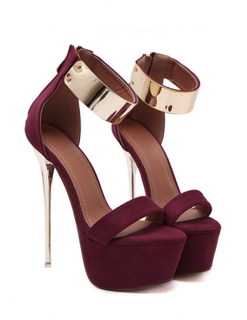 Sandales Sexy Bordeaux Pour Femmes Chaussures À Talons Hauts Plateforme Détails Métal Lanière La Cheville 2024 - Bourgogne