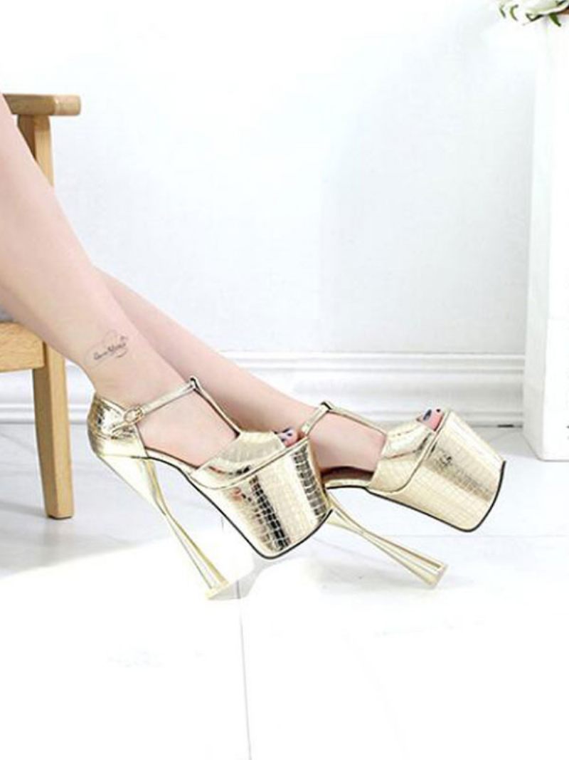 Sandales Sexy Pour Femmes Argent Pu Cuir Peep Toe Talon Aiguille Bride À La Cheville Talons - Or