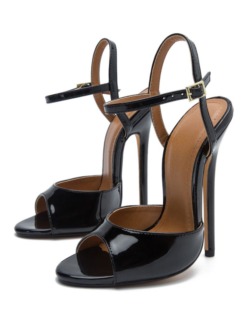 Sandales Sexy Pour Femmes Cuir Pu Noir Bout Ouvert D'été À Talons Hauts