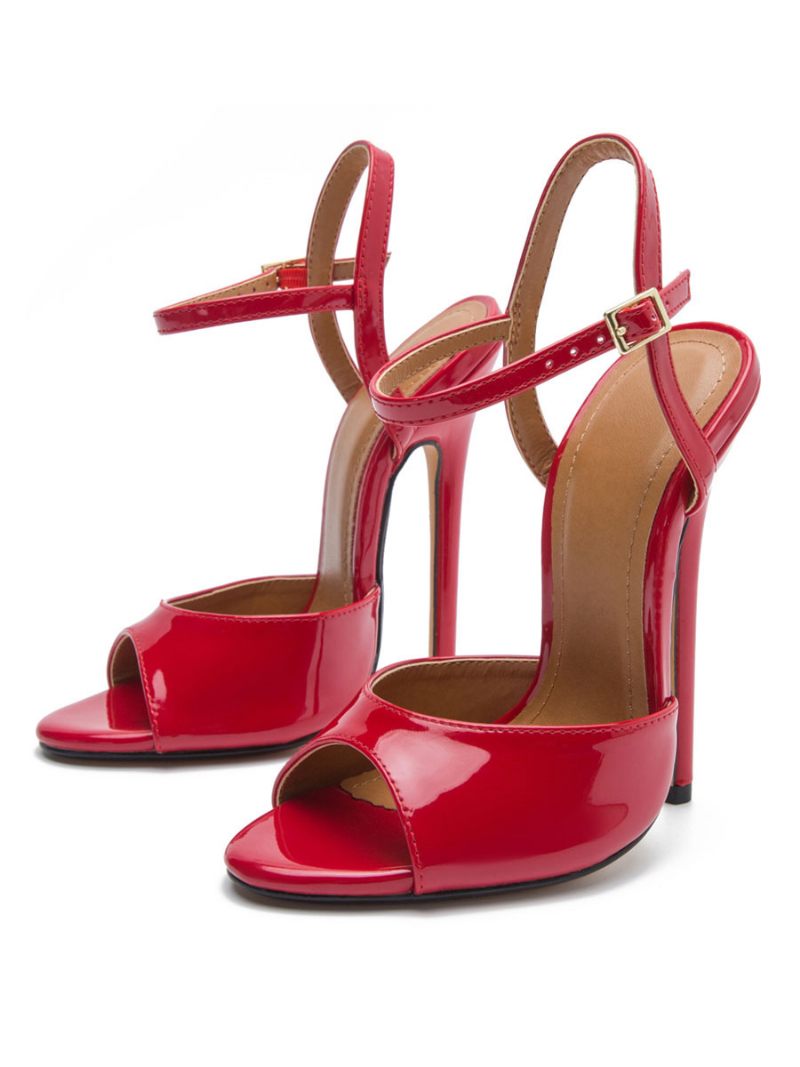 Sandales Sexy Pour Femmes Cuir Pu Noir Bout Ouvert D'été À Talons Hauts - Rouge