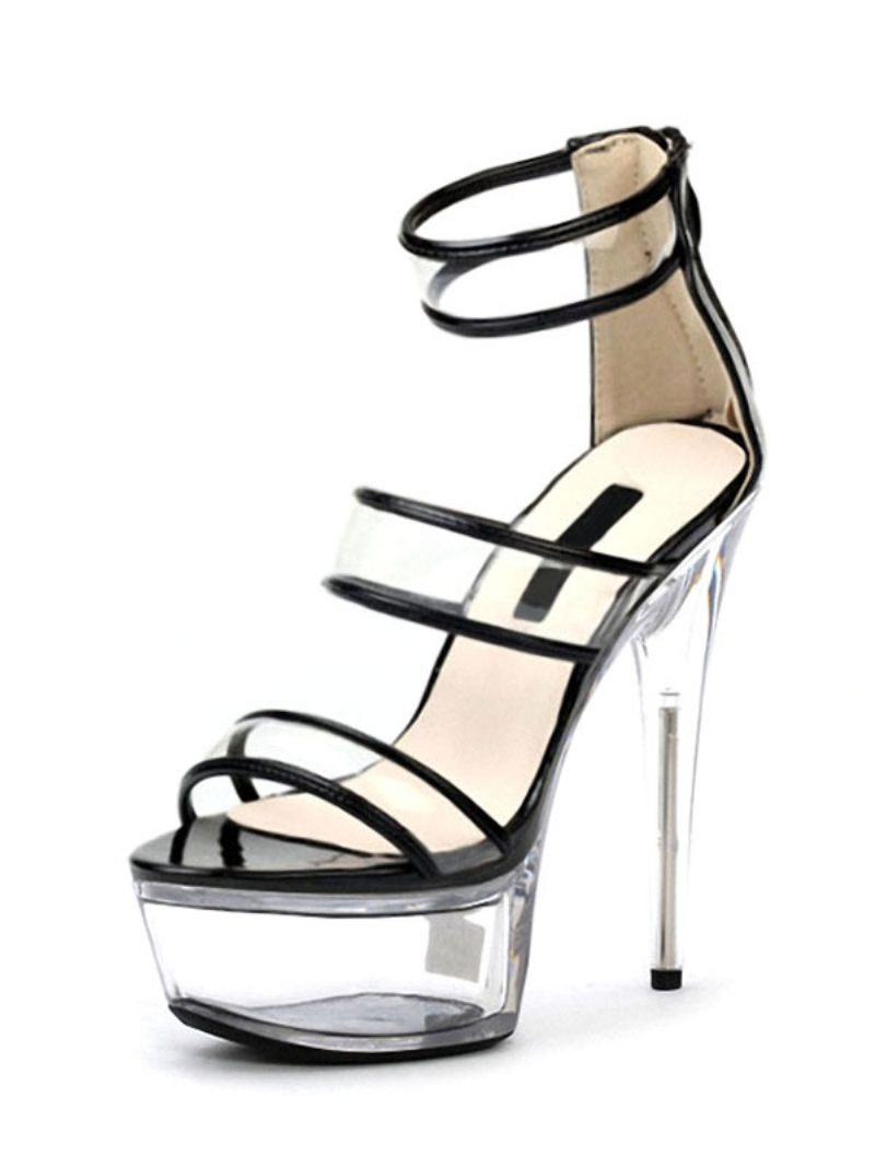 Sandales Sexy Pour Femmes Cuir Pu Noir Bout Ouvert Talon Aiguille Bride À La Cheville Talons - Transparent