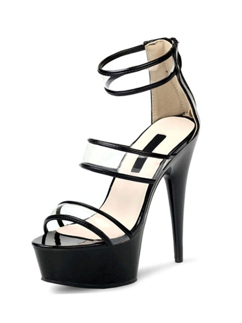 Sandales Sexy Pour Femmes Cuir Pu Noir Bout Ouvert Talon Aiguille Bride À La Cheville Talons - Noir