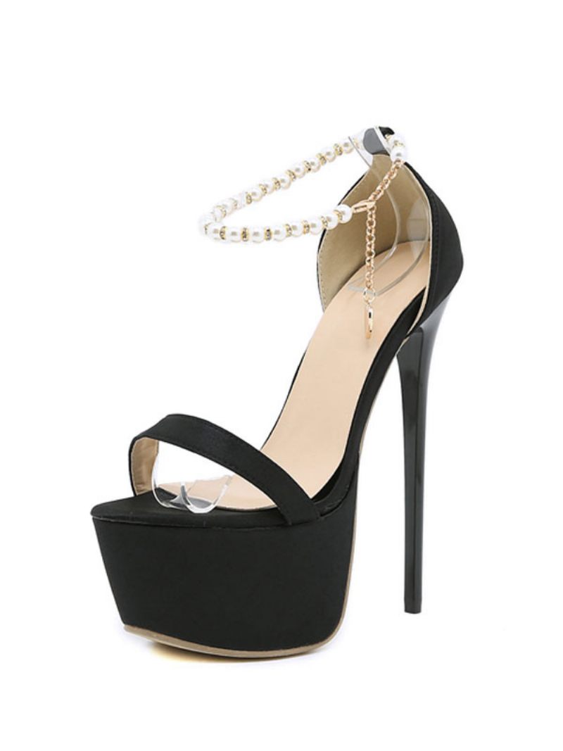 Sandales Sexy Pour Femmes Noir Micro Daim Supérieur Peep Toe Plate-forme Perles Bride À La Cheville Chaussures - Noir