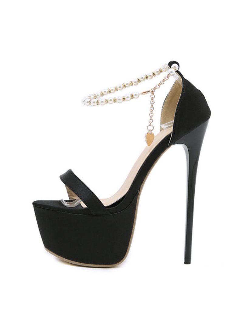 Sandales Sexy Pour Femmes Noir Micro Daim Supérieur Peep Toe Plate-forme Perles Bride À La Cheville Chaussures - Noir