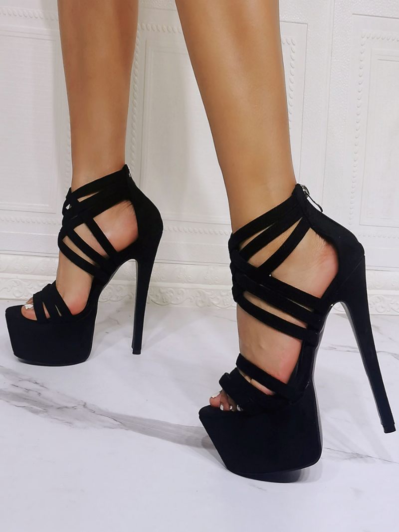 Sandales Sexy Pour Femmes Noires Micro-daim À Bout Ouvert Et Talons Aiguilles