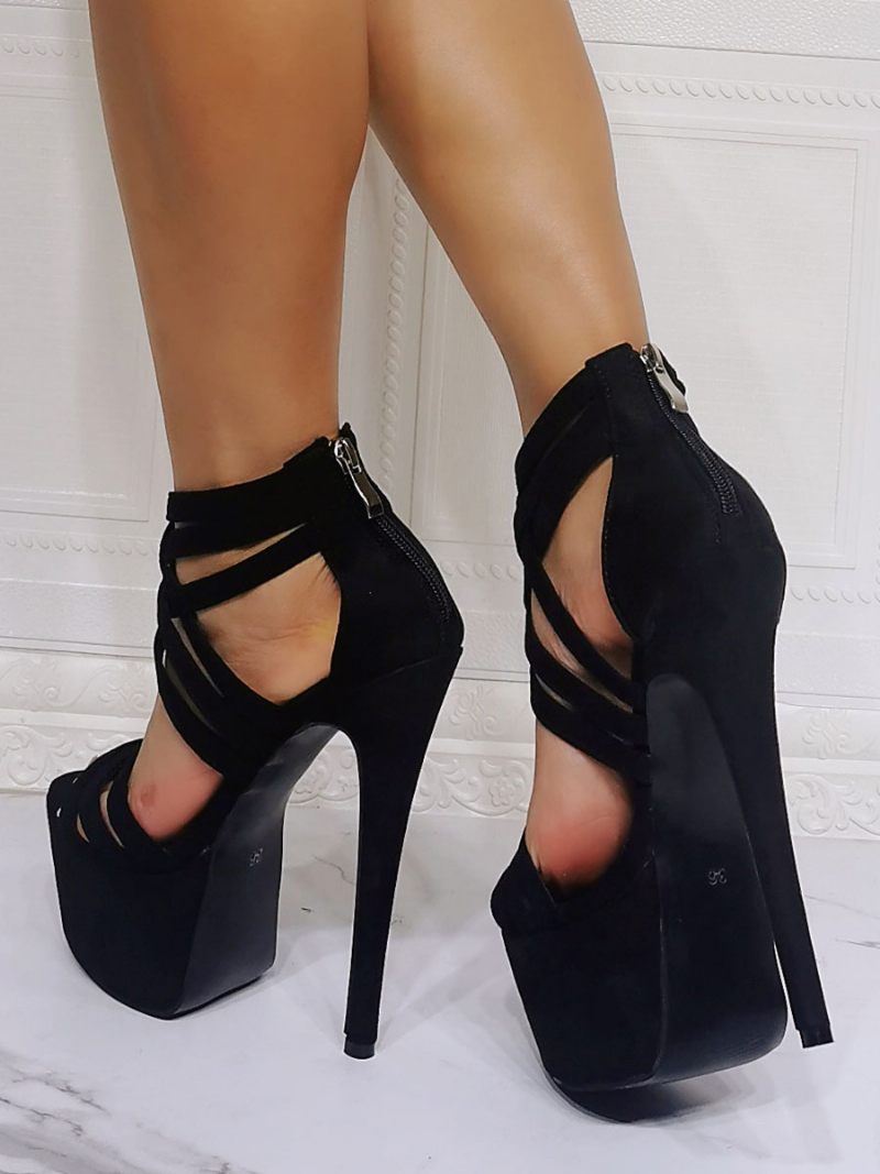 Sandales Sexy Pour Femmes Noires Micro-daim À Bout Ouvert Et Talons Aiguilles - Noir