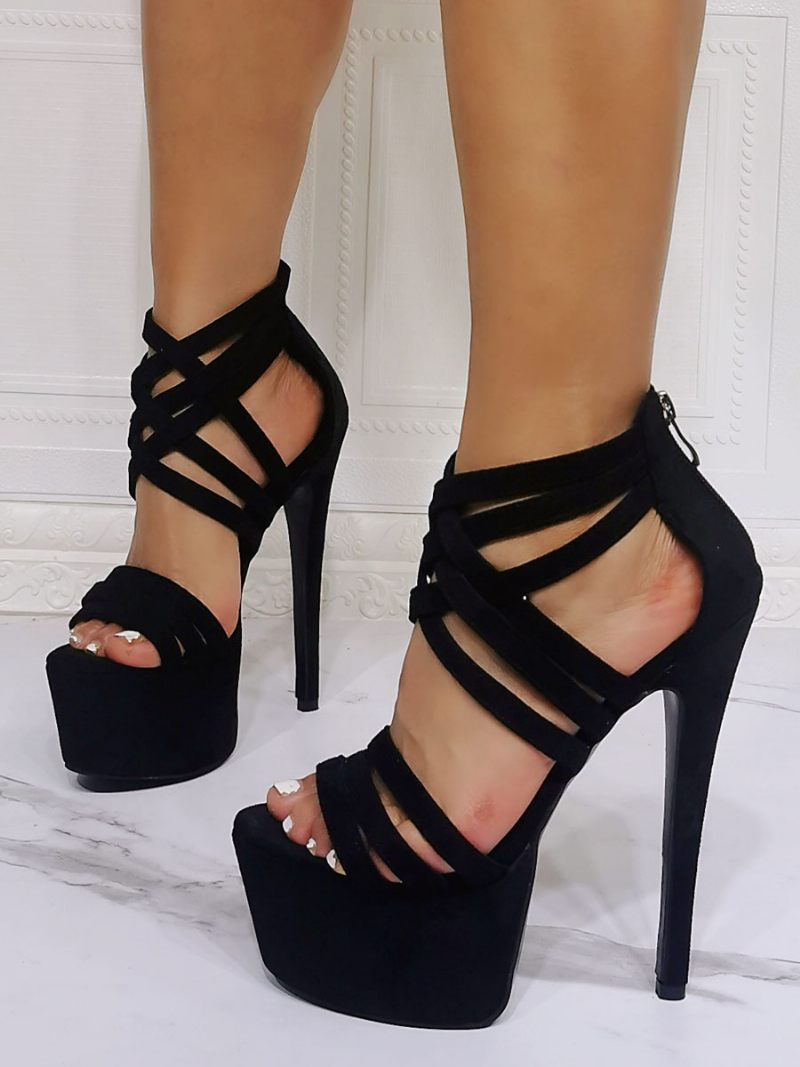 Sandales Sexy Pour Femmes Noires Micro-daim À Bout Ouvert Et Talons Aiguilles - Noir