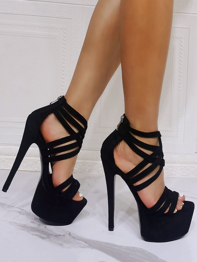 Sandales Sexy Pour Femmes Noires Micro-daim À Bout Ouvert Et Talons Aiguilles - Noir