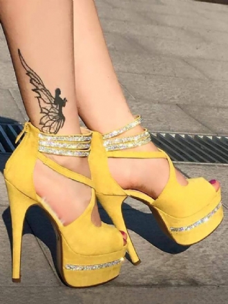 Sandales Sexy Jaunes Peep Toe Talon Aiguille Nubuck Strass Chaussures Sandale Pour Femmes