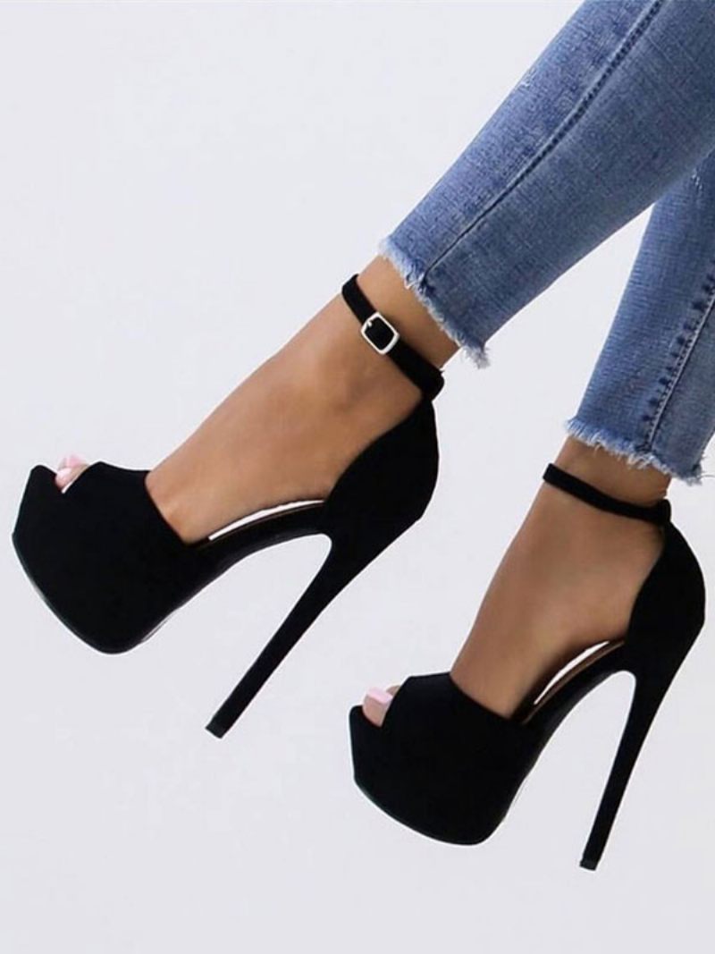 Sandales Sexy Noires Daim À Bout Ouvert Et Bride La Cheville Talons Hauts Pour Femmes