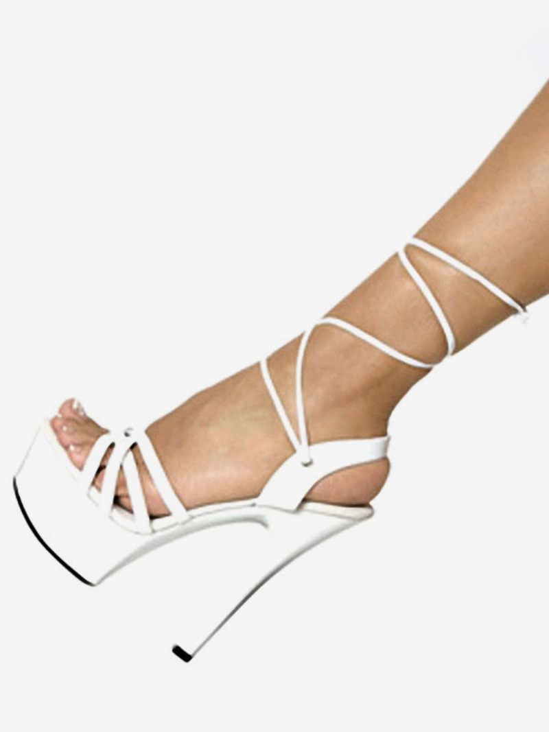 Sandales Sexy Noires Femmes Plate-forme Bout Ouvert À Lacets Chaussures Talons Hauts - Blanc