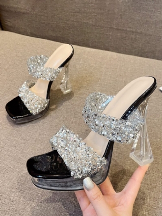 Sandales Sexy À Talons Hauts Pour Femmes Cuir Pu Noir Bout Ouvert Strass 1.2 Pouces Chaussures 5.1