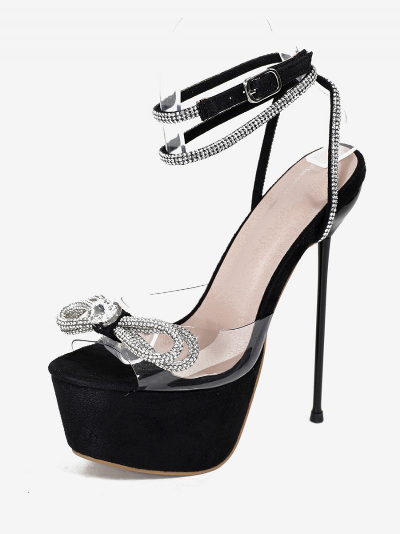 Sandales Sexy À Talons Hauts Pour Femmes Cuir Pu Noir Bout Rond Strass (1.6-2.6 Pouces) Chaussures 6.3 Pouces - Noir