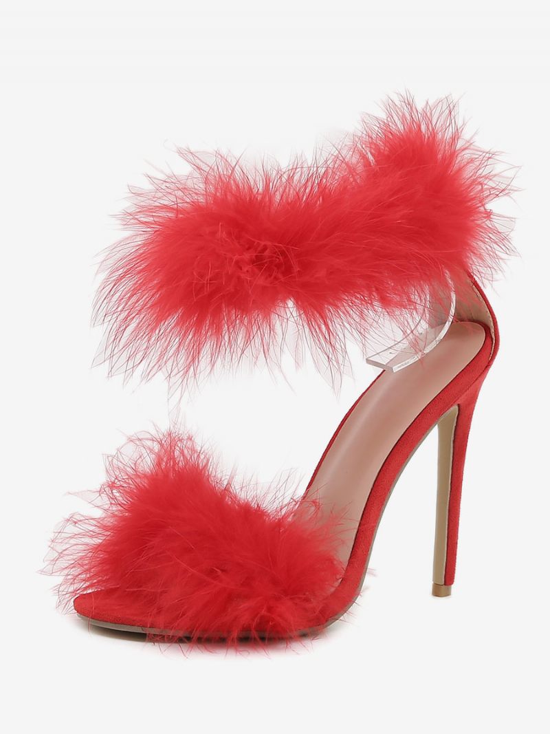 Sandales Sexy À Talons Hauts Pour Femmes Fausses Plumes Rouges Bout Rond Bride La Cheville Chaussures 0.4 Pouces4.5 Pouces