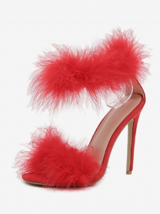 Sandales Sexy À Talons Hauts Pour Femmes Fausses Plumes Rouges Bout Rond Bride La Cheville Chaussures 0.4 Pouces4.5 Pouces