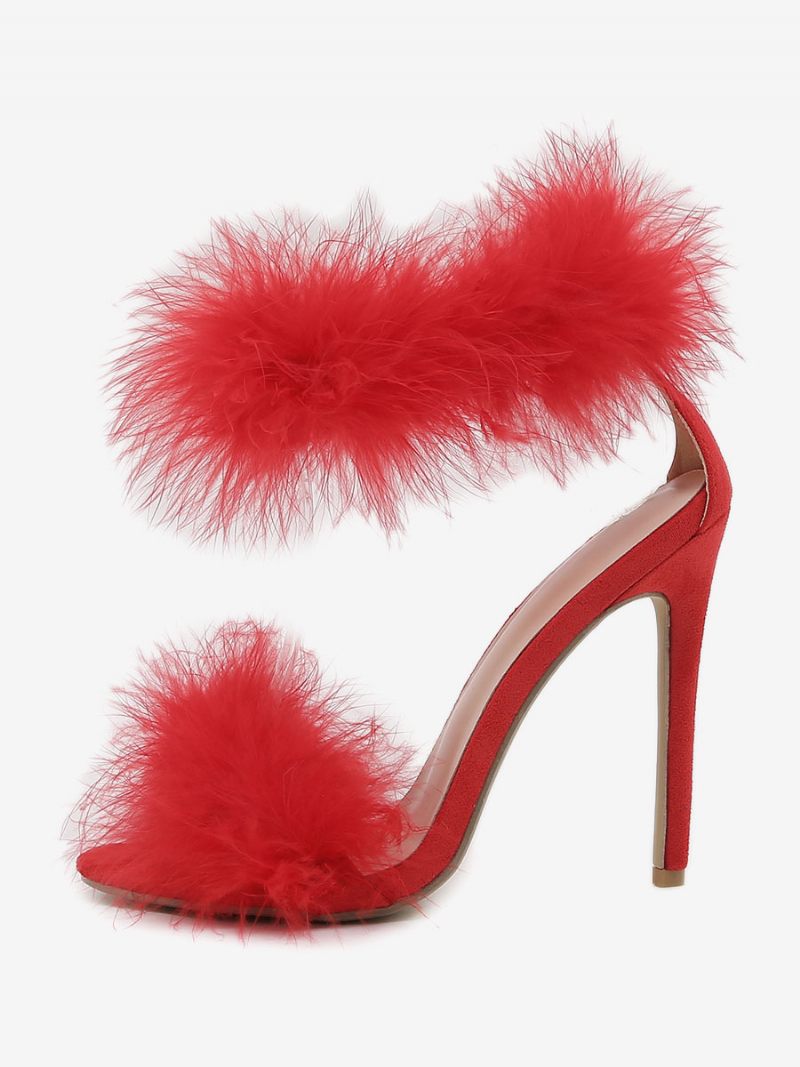 Sandales Sexy À Talons Hauts Pour Femmes Fausses Plumes Rouges Bout Rond Bride La Cheville Chaussures 0.4 Pouces4.5 Pouces - Rouge