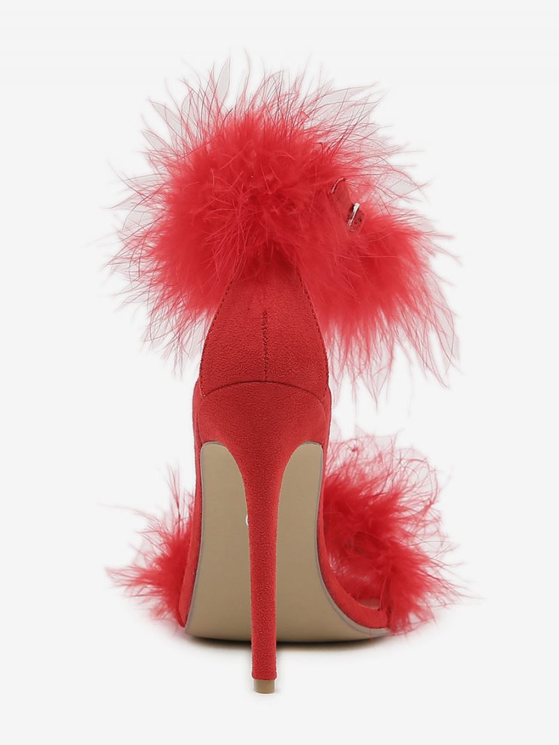 Sandales Sexy À Talons Hauts Pour Femmes Fausses Plumes Rouges Bout Rond Bride La Cheville Chaussures 0.4 Pouces4.5 Pouces - Rouge