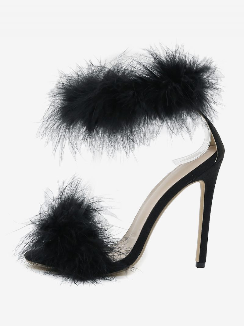 Sandales Sexy À Talons Hauts Pour Femmes Fausses Plumes Rouges Bout Rond Bride La Cheville Chaussures 0.4 Pouces4.5 Pouces - Noir