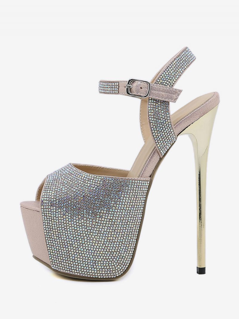 Sandales Sexy À Talons Hauts Pour Femmes Plateforme Paillettes Bout Ouvert Strass Chaussures 6.3 Pouces - Rose Clair