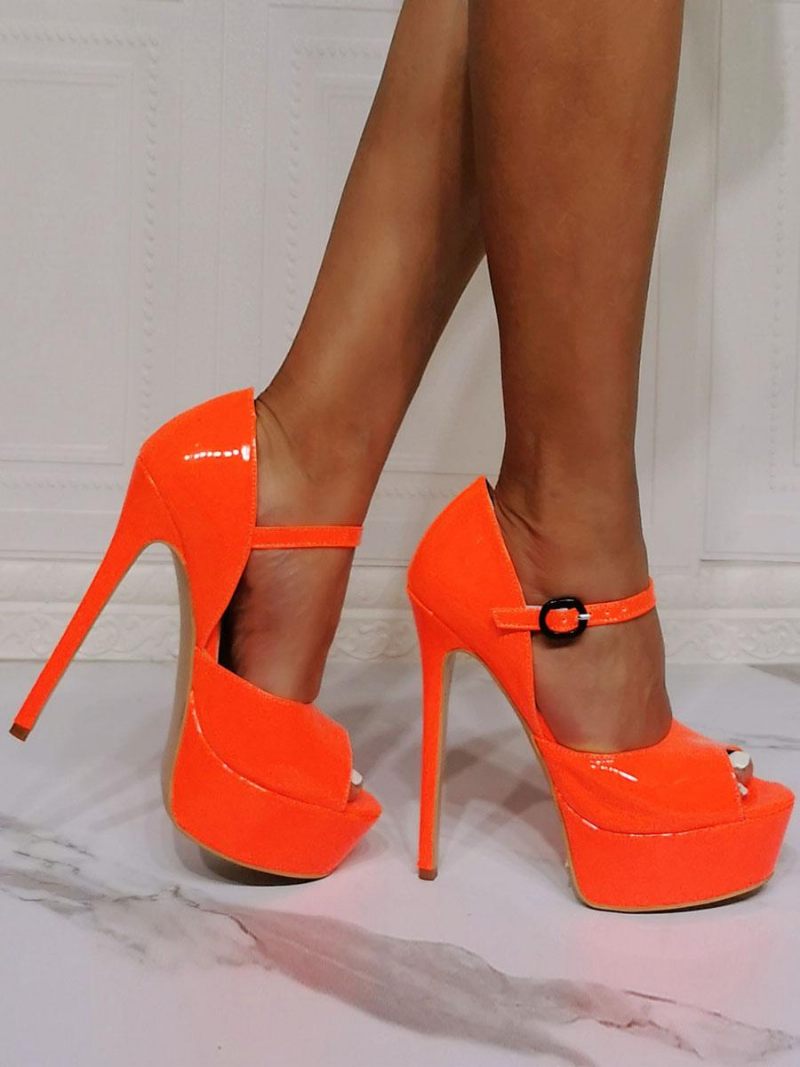 Sandales Sexy À Talons Hauts Pour Femmes Pu Verni Orange Bout Ouvert Aiguilles