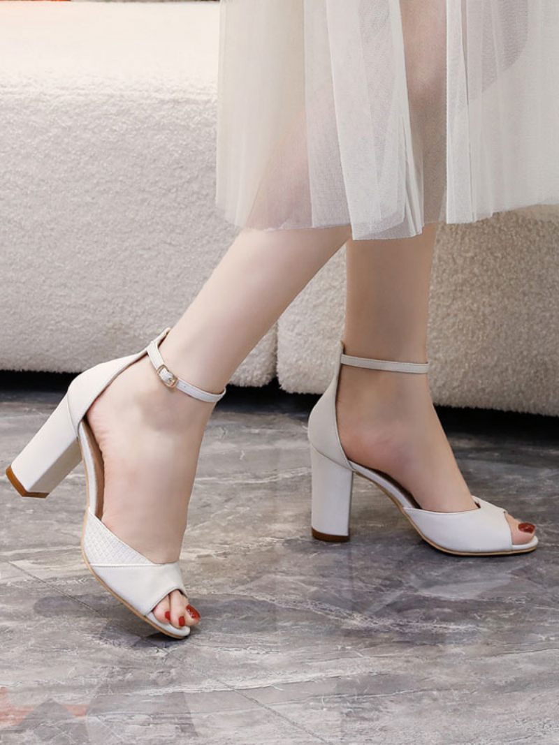 Sandales À Talons Hauts Cuir Pu Blanc Chaussures Bal Bout Ouvert Fête Pour Femmes - Blanc