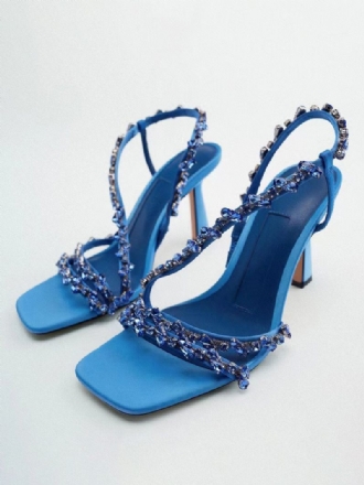 Sandales À Talons Hauts Cuir Pu Bleu Chaussures Bal Perlées Pour Femmes Soirée