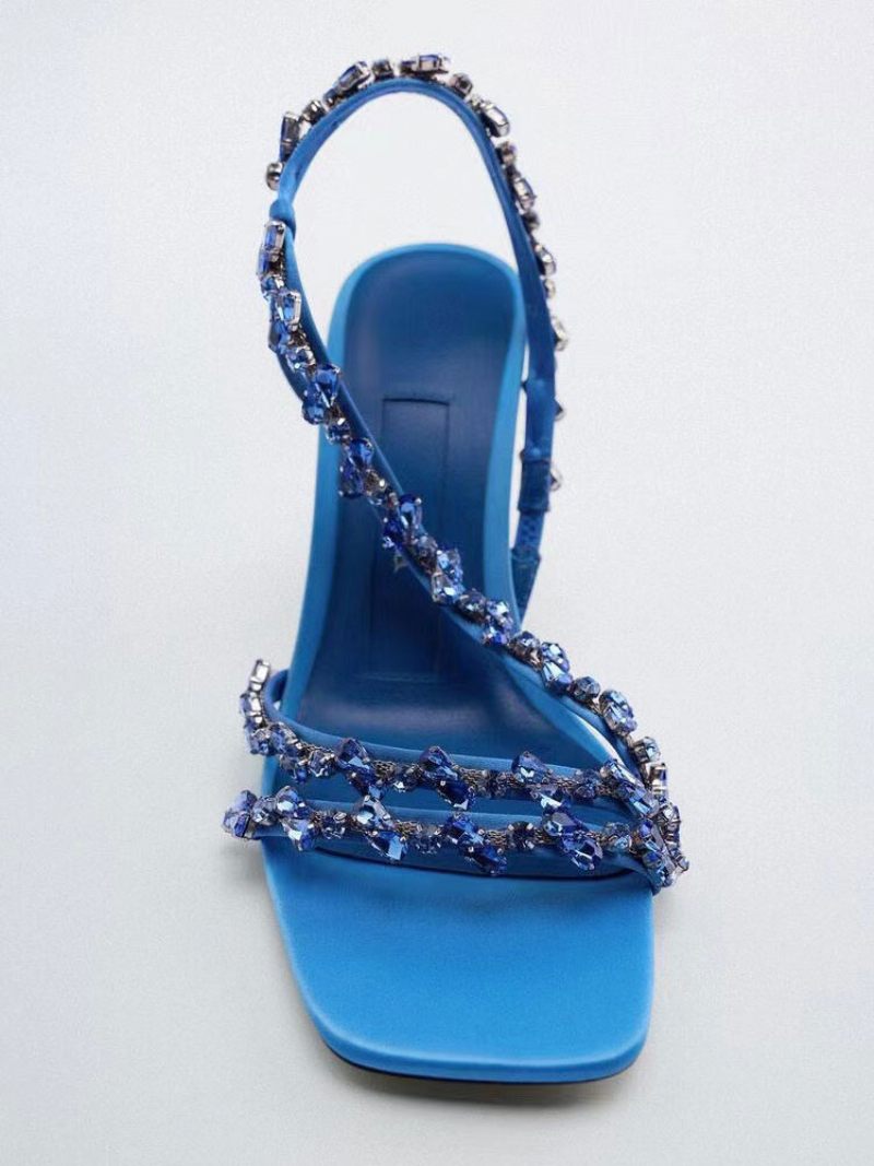 Sandales À Talons Hauts Cuir Pu Bleu Chaussures Bal Perlées Pour Femmes Soirée - Bleu