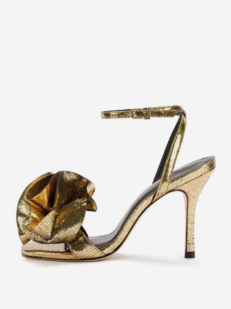 Sandales À Talons Hauts Dorés Bout Rond Chaussures Bal Fleurs Soirée Pour Femmes