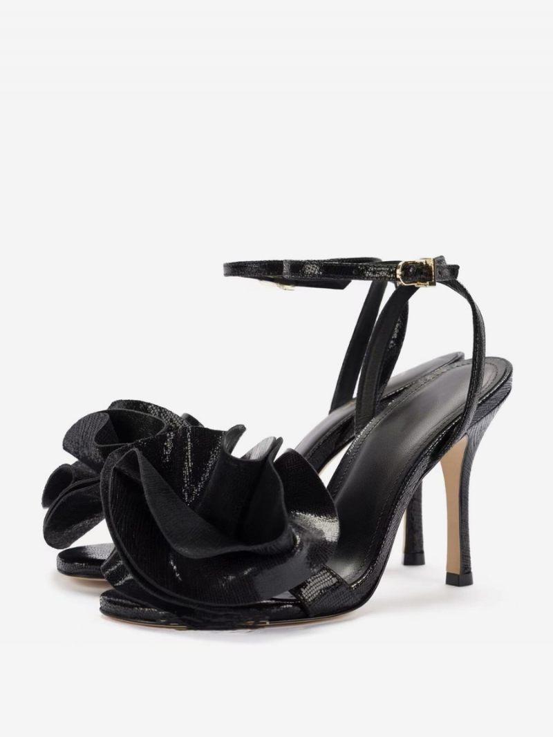 Sandales À Talons Hauts Dorés Bout Rond Chaussures Bal Fleurs Soirée Pour Femmes - Noir