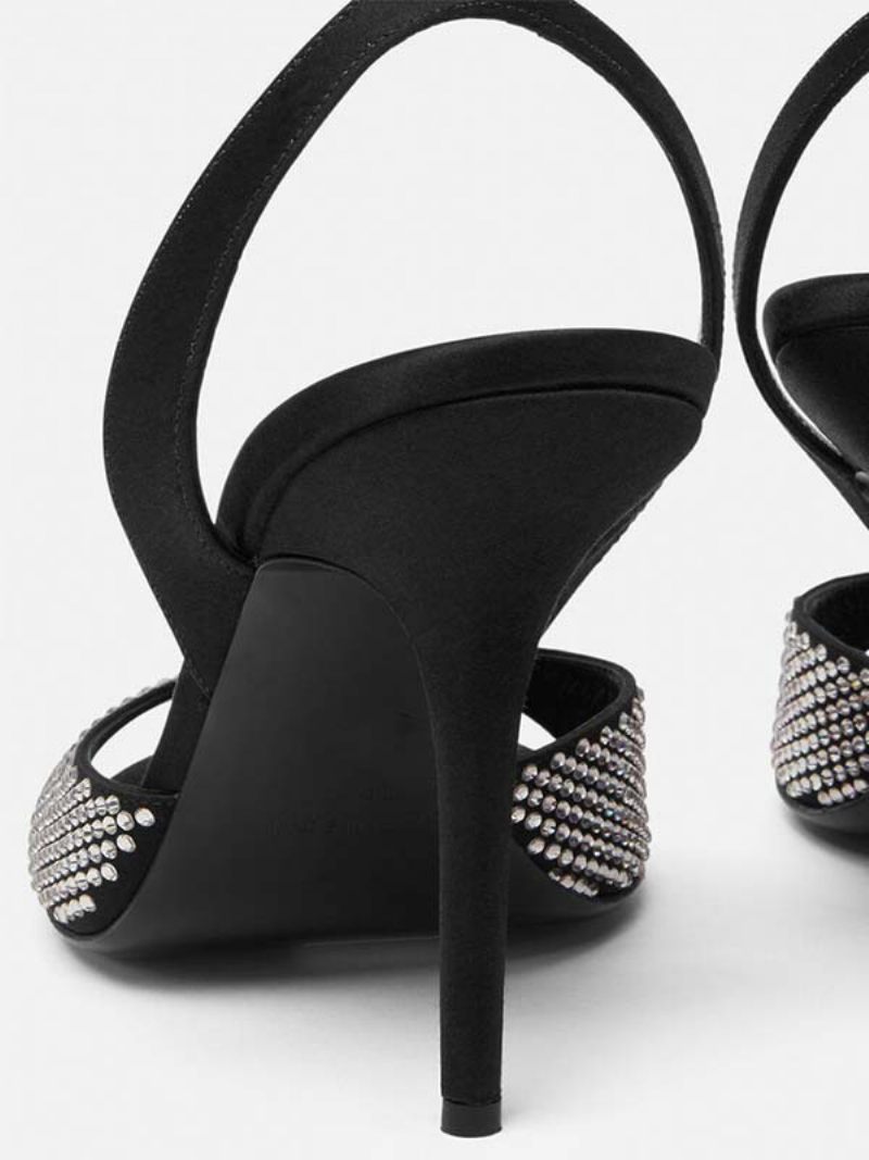 Sandales À Talons Hauts Pour Femmes Bout Ouvert Noir Strass Bride La Cheville Chaussures Soirée Bal - Noir