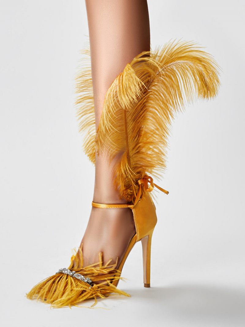 Sandales À Talons Hauts Pour Femmes Chaussures Soirée Avec Détails Plumes Dorées Et Strass