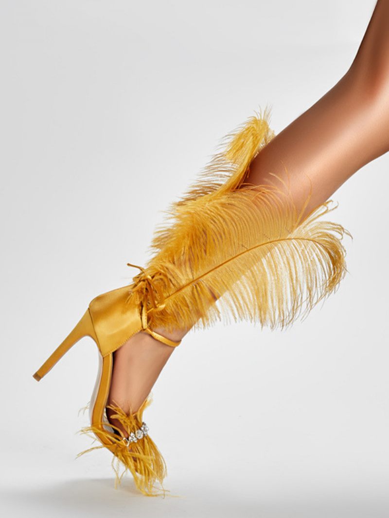 Sandales À Talons Hauts Pour Femmes Chaussures Soirée Avec Détails Plumes Dorées Et Strass - Or