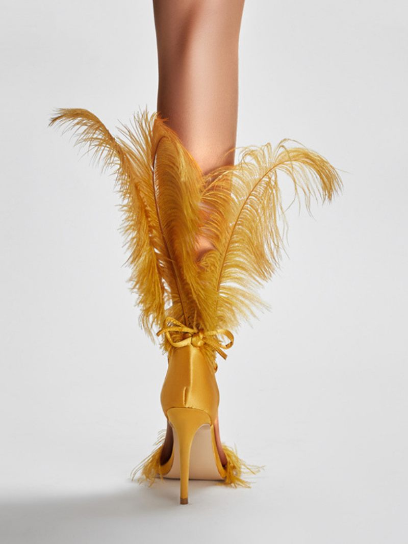 Sandales À Talons Hauts Pour Femmes Chaussures Soirée Avec Détails Plumes Dorées Et Strass - Or