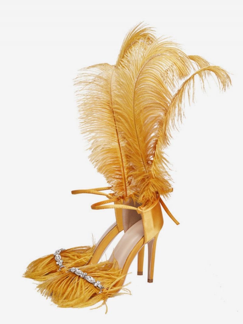 Sandales À Talons Hauts Pour Femmes Chaussures Soirée Avec Détails Plumes Dorées Et Strass - Or