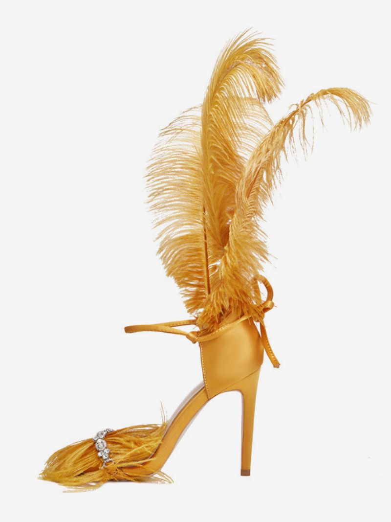 Sandales À Talons Hauts Pour Femmes Chaussures Soirée Avec Détails Plumes Dorées Et Strass - Or