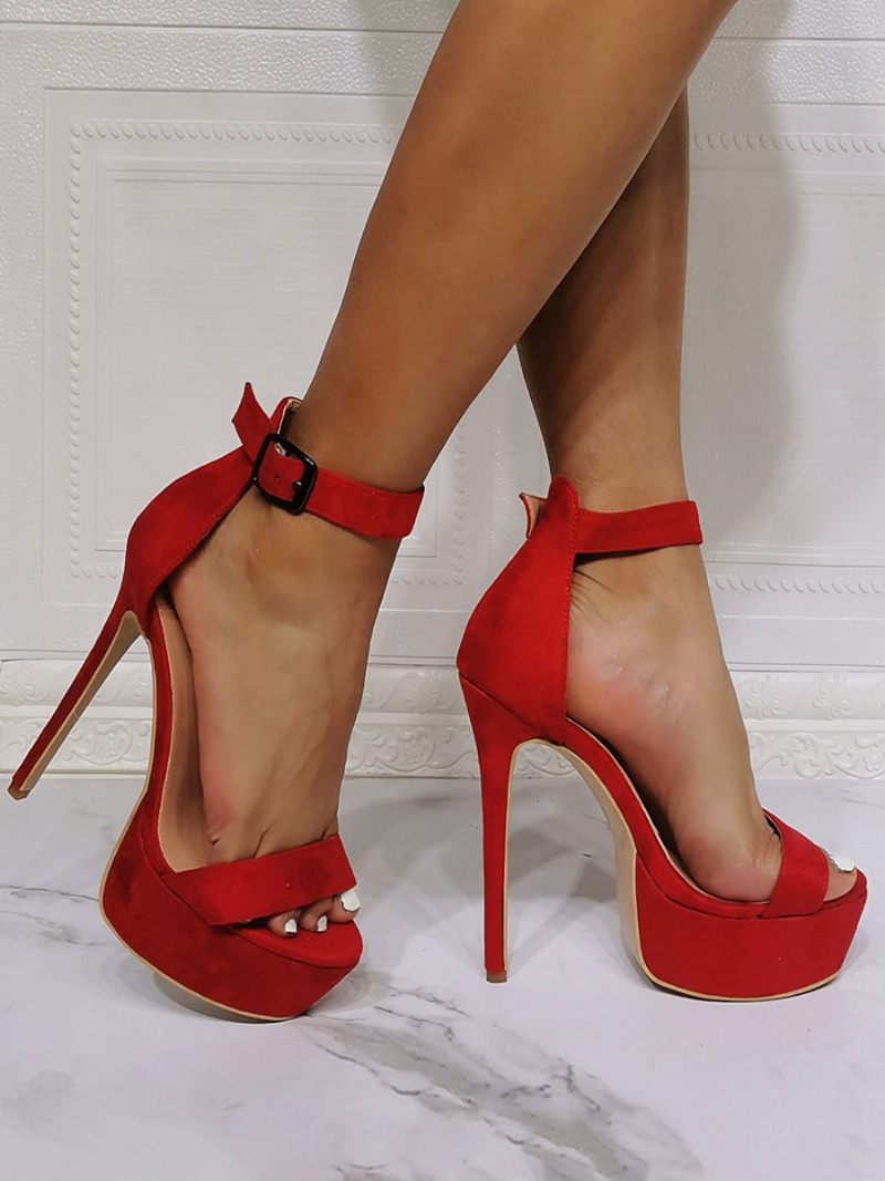 Sandales À Talons Hauts Sexy Pour Femmes Rouge Micro Daim Supérieur Bout Ouvert Talon Aiguille Bride La Cheville