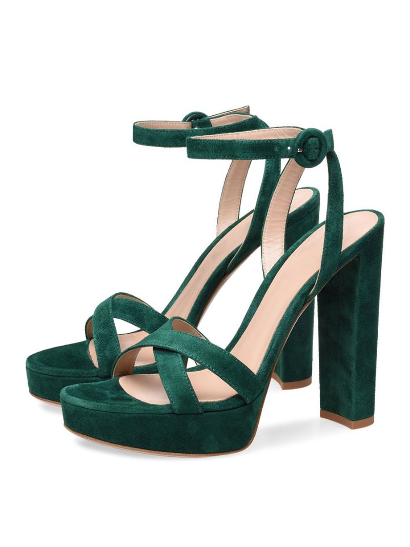 Sandales À Talons Hauts Vert Micro Daim Chaussures Bal Bout Rond Pour Femmes Soirée