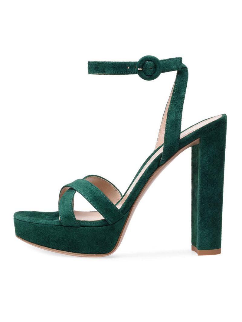 Sandales À Talons Hauts Vert Micro Daim Chaussures Bal Bout Rond Pour Femmes Soirée - Vert