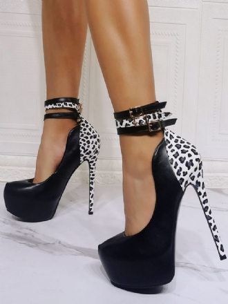 Talons Hauts Sexy Pour Femmes Bout Rond Noir Cuir Pu Bride À La Cheville