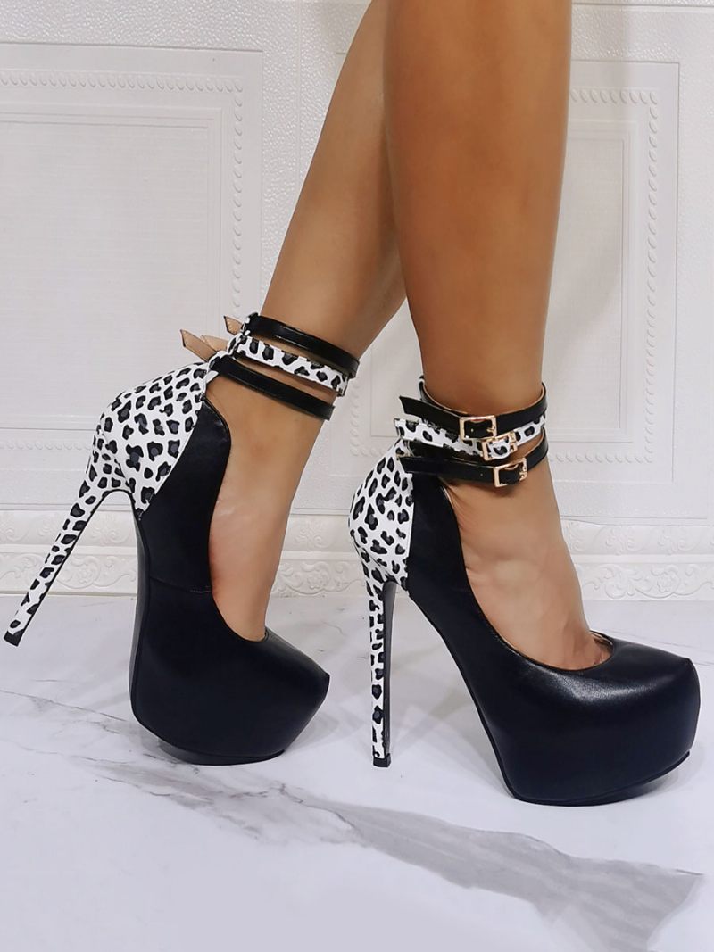 Talons Hauts Sexy Pour Femmes Bout Rond Noir Cuir Pu Bride À La Cheville - Noir