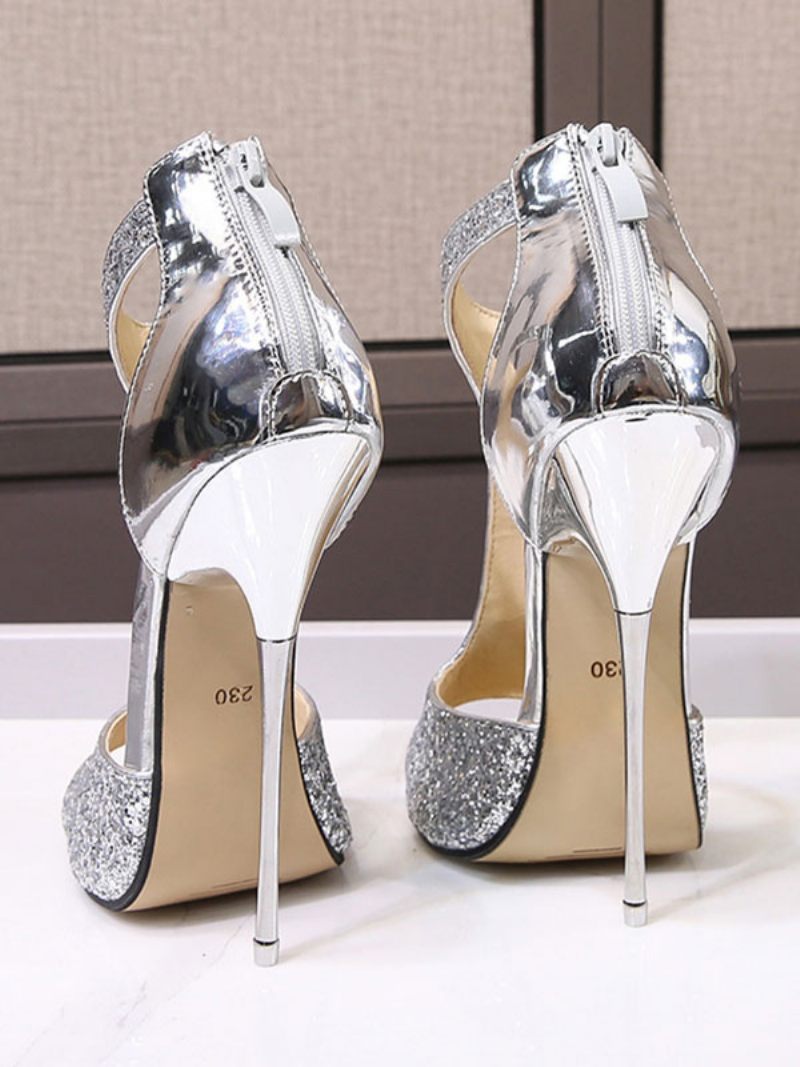 Talons Hauts Sexy À Paillettes Avec Bride T Pour Femmes - Argent