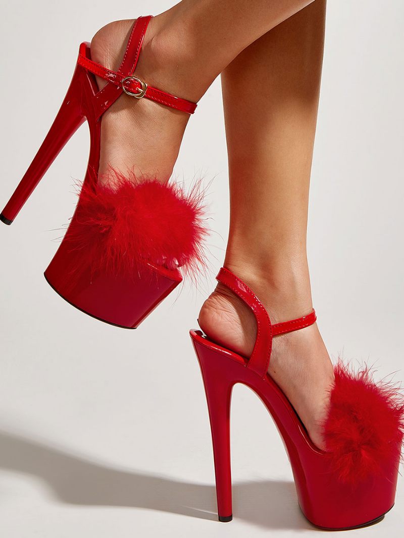 Talons Plateforme Sexy Fourrure Pour Femmes - Rouge