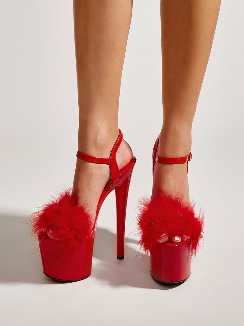 Talons Plateforme Sexy Fourrure Pour Femmes - Rouge