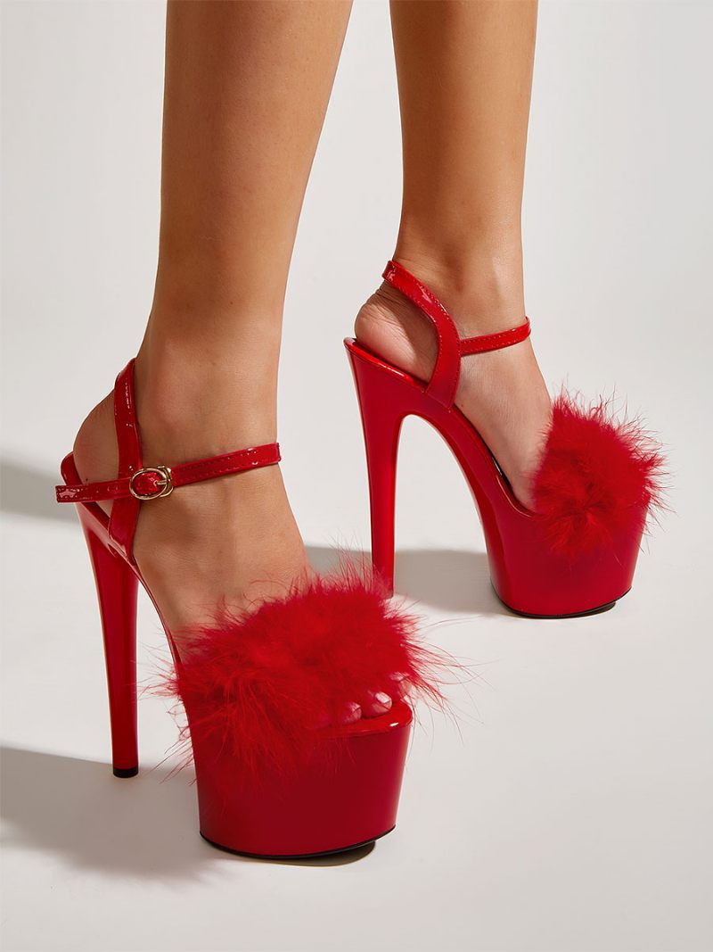 Talons Plateforme Sexy Fourrure Pour Femmes - Rouge