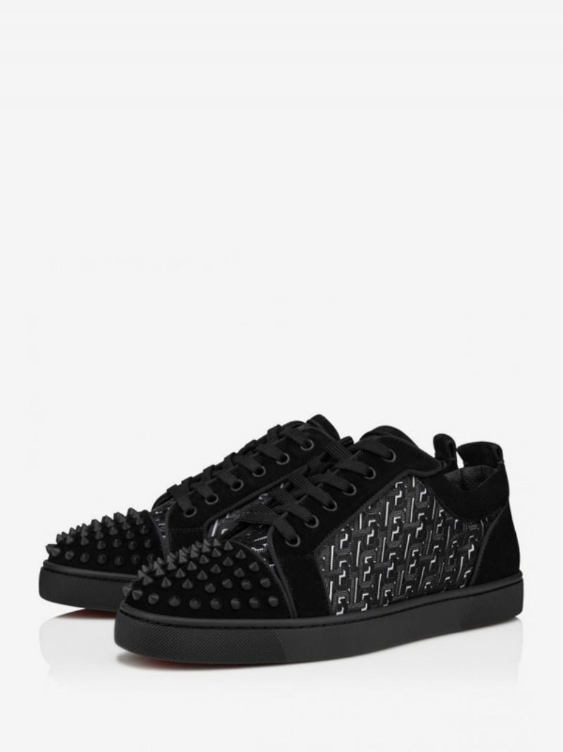 Baskets À Bout Rond Daim Pour Hommes Chaussures Rivets Bas Noir Brillant